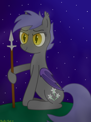 Size: 3016x4032 | Tagged: safe, artist:rainbowšpekgs, oc, oc only, oc:midnight blossom, bat pony, pony, series:bringing back obscure ponies from the past, bat pony oc, bat wings, female, grass, mare, night, night guard, sitting, smiling, solo, spear, stars, weapon, wings