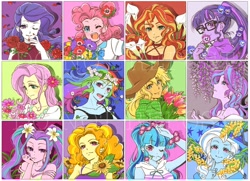 Size: 2048x1481 | Tagged: safe, artist:5mmumm5, adagio dazzle, applejack, aria blaze, fluttershy, pinkie pie, rainbow dash, rarity, sci-twi, sonata dusk, starlight glimmer, sunset shimmer, trixie, twilight sparkle, equestria girls, g4, alternate hairstyle, bust, cute, female, floral head wreath, flower, flower in hair, flower in mouth, hibiscus, humane five, humane seven, humane six, lavender, lily (flower), looking at you, mouth hold, one eye closed, open mouth, rose, sunflower, the dazzlings, tulip, wink