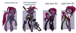 Size: 2799x1235 | Tagged: safe, artist:j053ph-d4n13l, fizzlepop berrytwist, tempest shadow, oc, oc only, oc:fizzlepop berryfield, oc:shadow temptress, oc:techno shadow, oc:tempest stormblast, cyborg, pony, robot, robot pony, unicorn, alternate hairstyle, alternate universe, amputee, armor, belt, broken horn, choker, cigarette, clothes, commission, corset, eye scar, female, fishnet stockings, goggles, grenade, gun, handgun, hat, holster, horn, jacket, knife, mare, mask, missing cutie mark, one eye closed, pistol, post-apocalyptic, pouch, prosthetic limb, prosthetics, radio, raised hoof, rifle, scar, simple background, smoke, smoking, sniper rifle, solo, spiked choker, stockings, superhero, thigh highs, transparent background, weapon, wink