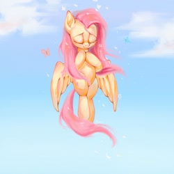 Size: 2048x2048 | Tagged: safe, artist:annie39367262, fluttershy, butterfly, pegasus, pony, g4, cloud, cute, eyes closed, female, flower, flying, high res, legs together, mare, shyabetes, sky, solo, spread wings, wings