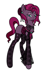 Size: 605x959 | Tagged: safe, artist:j053ph-d4n13l, fizzlepop berrytwist, tempest shadow, oc, oc only, oc:fizzlepop berryfield, pony, unicorn, alternate hairstyle, alternate universe, broken horn, clothes, commission, ear piercing, earring, eye scar, female, fishnet clothing, fishnet stockings, hat, horn, jewelry, mare, missing cutie mark, piercing, scar, simple background, solo, stockings, thigh highs, transparent background