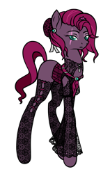 Size: 605x959 | Tagged: safe, artist:j053ph-d4n13l, fizzlepop berrytwist, tempest shadow, oc, oc only, oc:fizzlepop berryfield, pony, unicorn, g4, alternate hairstyle, alternate universe, broken horn, clothes, commission, ear piercing, earring, eye scar, female, fishnet clothing, fishnet stockings, hat, horn, jewelry, mare, missing cutie mark, piercing, scar, simple background, solo, stockings, thigh highs, transparent background