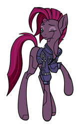 Size: 663x1018 | Tagged: safe, artist:j053ph-d4n13l, fizzlepop berrytwist, tempest shadow, oc, oc only, oc:techno shadow, pony, robot, robot pony, unicorn, g4, alternate hairstyle, alternate universe, broken horn, clothes, commission, eye scar, female, horn, jacket, mare, one eye closed, raised hoof, roboticization, scar, simple background, solo, transparent background, wink