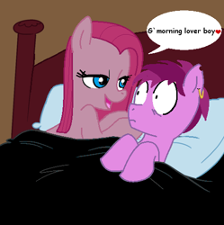 Size: 498x499 | Tagged: safe, artist:madmax, edit, pinkie pie, oc, oc:soulless pinkamena, earth pony, pony, g4, 1000 hours in ms paint, aftersex, bed, bedroom eyes, duo, ear piercing, earring, female, jewelry, love, male, mare, on bed, piercing, pinkamena diane pie, stallion