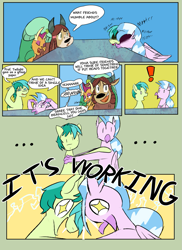 Size: 947x1300 | Tagged: safe, artist:skunkstripe, sandbar, silverstream, smolder, yona, dragon, earth pony, hippogriff, pony, yak, g4, ..., comic, dialogue, drool, dumb yung-six comics, exclamation point, headbutt, implied shipping, literal, silly, silly pony, sleeping, speech bubble, starry eyes, thinking, wingding eyes
