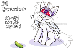 Size: 2800x2000 | Tagged: safe, artist:gicme, oc, oc only, pony, advertisement, chest fluff, commission, confused, cucumber, food, high res, horn, meme, panic, question, red eyes, simple background, solo, transparent background, wings, ych example, ych sketch, your character here
