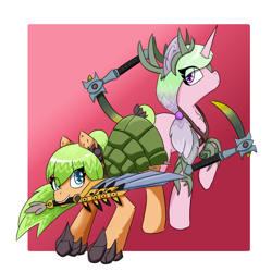 Size: 1200x1200 | Tagged: safe, artist:morrigun, oc, oc only, oc:crystal blade, oc:green envy, earth pony, pony, unicorn, armor, chain blades, dauntless (video game), simple background, sword, weapon