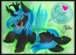 Size: 900x650 | Tagged: source needed, safe, artist:php163, queen chrysalis, changeling, changeling queen, g4, accessory, chest fluff, cute, cutealis, dialogue, eye clipping through hair, fangs, female, floppy ears, green background, heart, i love you, long tongue, lying down, mare, signature, simple background, smiling, smirk, solo, tail between legs, tongue out