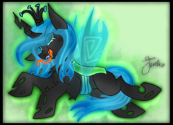 Size: 900x650 | Tagged: source needed, safe, artist:php163, queen chrysalis, changeling, changeling queen, g4, accessory, chest fluff, cute, cutealis, eye clipping through hair, fangs, female, floppy ears, green background, long tongue, lying down, mare, signature, simple background, smiling, smirk, solo, tail between legs, tongue out