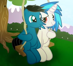 Size: 2048x1877 | Tagged: safe, artist:agkandphotomaker2000, dj pon-3, vinyl scratch, oc, oc:pony video maker, pegasus, pony, unicorn, g4, bush, canon x oc, female, hill, looking at each other, male, pegasus oc, rope, shipping, show accurate, straight, swing, tree, videoscratch, wings, wood