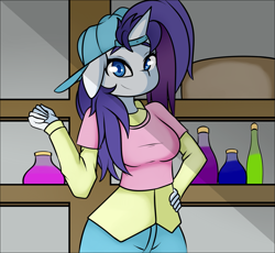 Size: 1503x1385 | Tagged: safe, artist:caoscore, rarity, anthro, g4, alternate hairstyle, backwards ballcap, baseball cap, cap, disguise, female, hat, looking at you, plainity, solo, thick eyebrows
