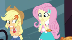 Size: 1366x768 | Tagged: safe, screencap, applejack, fluttershy, equestria girls, g4, my little pony equestria girls: better together, street chic, autumn leaves, bare shoulders, clothes, cold weather, dress, duo, female, freezing, geode of fauna, geode of super strength, leaf, leaves, magical geodes, scarf, shivering, sleeveless, tank top, wind, wind blowing, window