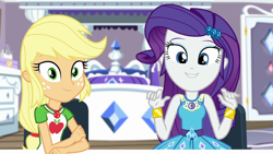 Size: 1280x720 | Tagged: safe, screencap, applejack, rarity, camping must-haves, equestria girls, g4, my little pony equestria girls: better together, bracelet, clothes, cute, female, geode of shielding, geode of sugar bombs, geode of super strength, jewelry, looking at you, magical geodes, open mouth, raribetes, rarity peplum dress, shirt, sleeveless, smiling