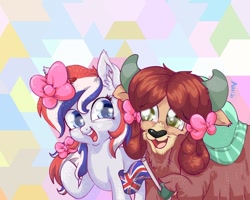 Size: 900x720 | Tagged: safe, artist:avui, yona, oc, oc:britannia (uk ponycon), earth pony, pony, yak, g4, bow, cloven hooves, cute, female, hair bow, monkey swings, united kingdom, yonadorable