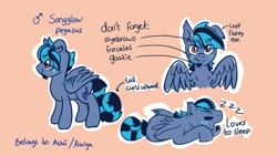 Size: 900x507 | Tagged: safe, artist:avui, oc, oc only, oc:song glow, pegasus, pony, male, reference sheet, solo