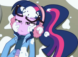 Size: 2808x2045 | Tagged: safe, screencap, sci-twi, twilight sparkle, blizzard or bust, equestria girls, equestria girls specials, g4, my little pony equestria girls: better together, my little pony equestria girls: holidays unwrapped, buttons, canterlot high, clothes, coat, concrete, cropped, cute, earmuffs, female, glasses, high res, jacket, lidded eyes, long sleeves, lying down, on back, outdoors, ponytail, scarf, sci-twiabetes, shirt, snow, solo, twiabetes, undershirt, walkway
