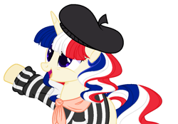 Size: 1109x774 | Tagged: safe, artist:teepew, artist:thieeur-nawng, earth pony, pony, base used, beret, clothes, france, hat, nation ponies, open mouth, ponified, raised hoof, simple background, smiling, solo, white background