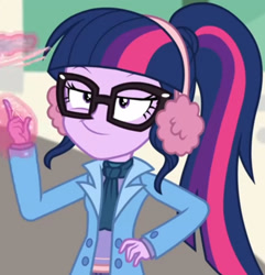 Size: 1969x2045 | Tagged: safe, screencap, sci-twi, twilight sparkle, blizzard or bust, equestria girls, equestria girls series, g4, holidays unwrapped, spoiler:eqg series (season 2), buttons, canterlot high, clothes, coat, concrete, cropped, cute, earmuffs, female, glasses, jacket, lidded eyes, long sleeves, magic, outdoors, ponytail, scarf, sci-twiabetes, shirt, smiling, smirk, snow, snowfall, solo, telekinesis, twiabetes, undershirt, walkway, winter outfit