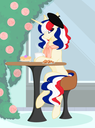 Size: 1801x2408 | Tagged: safe, artist:dianamur, artist:thieeur-nawng, pony, unicorn, base used, beret, coffee, food, france, hat, nation ponies, outdoors, plant, ponified, sitting, solo, stool, table