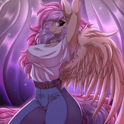 Size: 5000x5000 | Tagged: safe, alternate version, artist:ask-colorsound, oc, oc only, oc:cotton seams, pegasus, anthro, absurd resolution, arms in the air, belt, breasts, cleavage, clothes, commission, detailed background, female, jeans, looking at you, mare, pants, pegasus oc, shirt, solo, t-shirt, wings, ych result