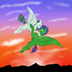 Size: 2000x2000 | Tagged: safe, artist:toptian, oc, oc only, pegasus, pony, flying, high res, hug, oc x oc, outdoors, pegasus oc, shipping, smiling, twilight (astronomy), wings