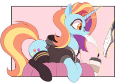 Size: 1200x813 | Tagged: safe, artist:ncmares, sassy saddles, pony, unicorn, g4, book, chest fluff, clothes, coffee cup, cup, cushion, ear fluff, female, hoodie, lying down, magic, mare, profile, prone, quill, reading, socks, solo, striped socks, telekinesis