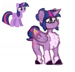 Size: 1280x1234 | Tagged: safe, artist:shyhandart, twilight sparkle, alicorn, pony, g4, alternate design, alternate hairstyle, chest fluff, coat markings, colored wings, female, glasses, gradient wings, hair bun, mare, simple background, socks (coat markings), solo, tail bun, twilight sparkle (alicorn), white background, wings