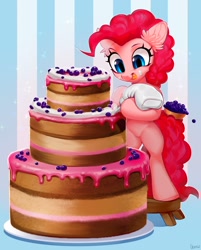 Size: 1500x1868 | Tagged: safe, artist:vensual99, pinkie pie, earth pony, pony, g4, bipedal, blueberry, cake, cute, diapinkes, ear fluff, female, food, frosting, hoof hold, icing bag, mare, solo, stool, tongue out