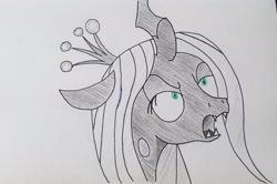 Size: 2048x1361 | Tagged: safe, artist:polar_storm, queen chrysalis, changeling, changeling queen, g4, angry, bust, crown, fangs, female, green eyes, jewelry, mare, monochrome, partial color, regalia, simple background, sketch, solo, traditional art, white background