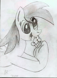 Size: 870x1200 | Tagged: safe, artist:almaustral, derpy hooves, pegasus, pony, g4, bust, eyelashes, female, food, grayscale, hoof hold, mare, monochrome, muffin, open mouth, smiling, solo, traditional art