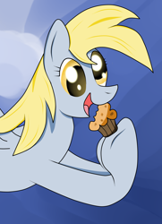 Size: 2488x3432 | Tagged: safe, alternate version, artist:almaustral, derpy hooves, pegasus, pony, g4, abstract background, bust, colored, eyelashes, female, food, grayscale, high res, hoof hold, mare, monochrome, muffin, open mouth, smiling, solo