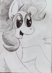 Size: 863x1200 | Tagged: safe, artist:almaustral, pinkie pie, earth pony, pony, g4, bust, eyelashes, female, grayscale, mare, monochrome, open mouth, signature, smiling, solo, traditional art