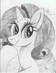 Size: 851x1109 | Tagged: safe, artist:almaustral, rarity, pony, unicorn, g4, bust, eyelashes, female, grayscale, mare, monochrome, signature, smiling, solo, traditional art