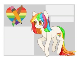 Size: 1280x975 | Tagged: safe, oc, oc only, earth pony, pony, abstract background, earth pony oc, heart, multicolored hair, paintbrush, pencil, rainbow hair, signature, solo