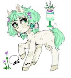 Size: 520x574 | Tagged: safe, oc, oc only, earth pony, pony, bow, cup, drink, earth pony oc, flower, flower in hair, hair bow, jewelry, looking back, necklace, raised hoof, reference sheet, simple background, solo, white background