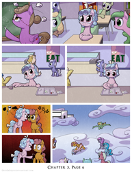 Size: 1200x1552 | Tagged: safe, artist:deusexequus, cozy glow, pegasus, pony, comic:fix, g4, backstory, bully, cafeteria, censored vulgarity, classroom, cloud, comic, eat, female, fight, filly, grawlixes, paper, pure concentrated unfiltered evil of the utmost potency, pure unfiltered evil, pushing, school, stealing, tray