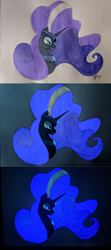 Size: 750x1688 | Tagged: safe, artist:brisineo, nightmare rarity, pony, unicorn, g4, glow in the dark, glowing eyes, glowing mane, jewelry, regalia, simple background, smiling, solo, traditional art
