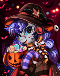 Size: 2550x3209 | Tagged: safe, artist:pridark, part of a set, oc, oc only, oc:cinnabyte, pegasus, pony, g4, candy, cinnabetes, clothes, commission, cute, female, food, gamer, glasses, halloween, hat, headset, high res, holiday, jack-o-lantern, mare, meganekko, ocbetes, open mouth, pumpkin, pumpkin bucket, socks, solo, striped socks, witch hat, ych result