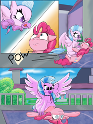 Size: 768x1024 | Tagged: safe, artist:doomfister, artist:mrleft, bifröst, pinkie pie, silverstream, earth pony, hippogriff, pegasus, pony, series:school snacks, g4, comic, female, friendship student, hen, imminent vore, mare, pinkie prey, silverstream pred, spread wings, story in the source, swirly eyes, tackle, vore, wings