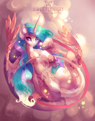 Size: 1600x2039 | Tagged: safe, artist:sweetlynight, princess celestia, alicorn, pony, g4, cloud, female, flying, leonine tail, mare, solo, spread wings, stars, wings