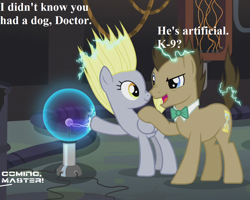 Size: 1350x1080 | Tagged: safe, edit, edited screencap, editor:korora, screencap, derpy hooves, doctor whooves, time turner, g4, slice of life (episode), cropped, dialogue, doctor who, doctor whooves' lab, implied k-9, offscreen character, plasma ball