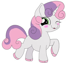 Size: 750x645 | Tagged: safe, artist:orcinuspony, sweetie belle, pony, unicorn, g4, blank flank, blushing, cloven hooves, cute, female, filly, one eye closed, simple background, solo, white background, wink