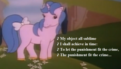 Size: 931x532 | Tagged: safe, edit, edited screencap, editor:korora, screencap, majesty, g1, my little pony 'n friends, the golden horseshoes, bow, cropped, gilbert and sullivan, horseshoes, lyrics, song reference, tail bow, text, the mikado