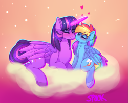 Size: 1611x1304 | Tagged: safe, artist:aaa-its-spook, rainbow dash, twilight sparkle, alicorn, pegasus, pony, g4, abstract background, backwards cutie mark, blushing, cloud, eyes closed, female, heart, imminent kissing, lesbian, nuzzling, ship:twidash, shipping, size difference, twilight sparkle (alicorn)