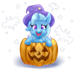 Size: 4184x3952 | Tagged: safe, artist:nedemai, trixie, pony, unicorn, g4, absurd resolution, halloween, holiday, jack-o-lantern, nightmare night, one ear down, pumpkin, solo