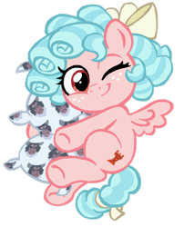 Size: 1623x2007 | Tagged: safe, artist:skylordlysander, cozy glow, lord tirek, pegasus, pony, g4, cozybetes, cute, female, filly, looking at you, one eye closed, pillow, simple background, smiling, solo, transparent background, wink