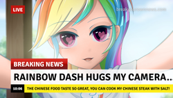 Size: 1280x720 | Tagged: safe, artist:jeremywithlove, color edit, edit, editor:michaelsety, rainbow dash, human, equestria girls, g4, anime, break your own news, breaking news, clothes, cute, dashabetes, drool, female, heart eyes, human coloration, humanized, light skin, light skin edit, looking at you, open mouth, shirt, skin color edit, solo, wingding eyes