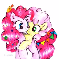 Size: 2322x2322 | Tagged: safe, artist:liaaqila, li'l cheese, pinkie pie, pony, g4, the last problem, commission, duo, duo female, female, filly, high res, liaaqila is trying to murder us, mare, marker drawing, mother and child, mother and daughter, rubber duck, simple background, traditional art, white background