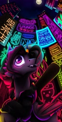 Size: 1052x2048 | Tagged: safe, artist:alzmariowolfe, oc, oc only, oc:delta delano, bat pony, pony, bat pony oc, bat wings, beanie, city, clothes, fangs, guitar, hat, hoodie, horn, horn ring, low angle, musical instrument, neon, neon sign, outdoors, ring, solo, wings
