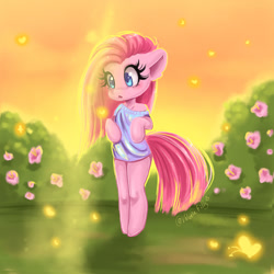 Size: 1000x1000 | Tagged: safe, artist:valeria_fills, pinkie pie, earth pony, pony, semi-anthro, g4, arm hooves, bipedal, bush, clothes, digital art, female, flower, hooves, mare, pinkamena diane pie, solo, tail